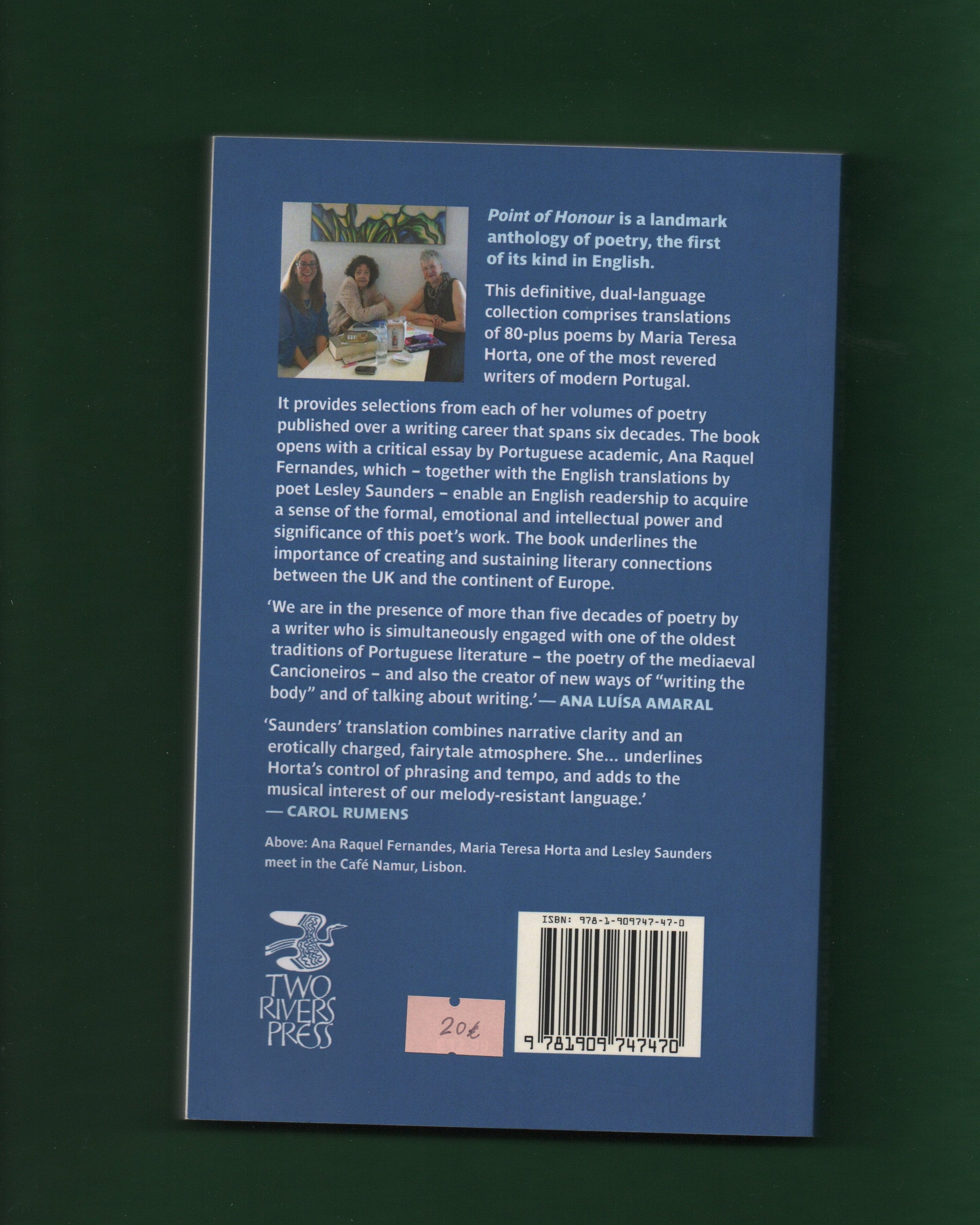 Back cover of a book with text and a barcode on a dark green background