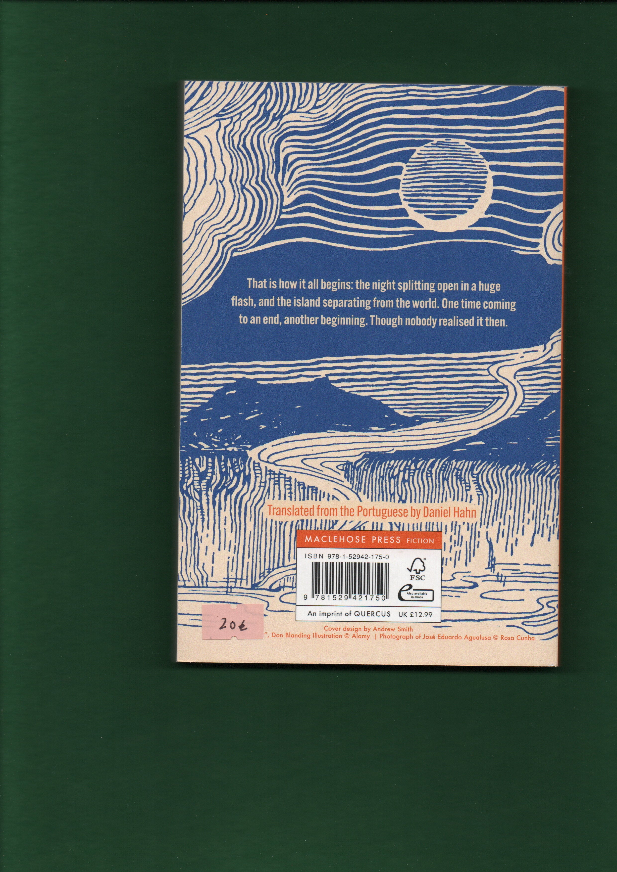 Book cover with blue and white design on a green background